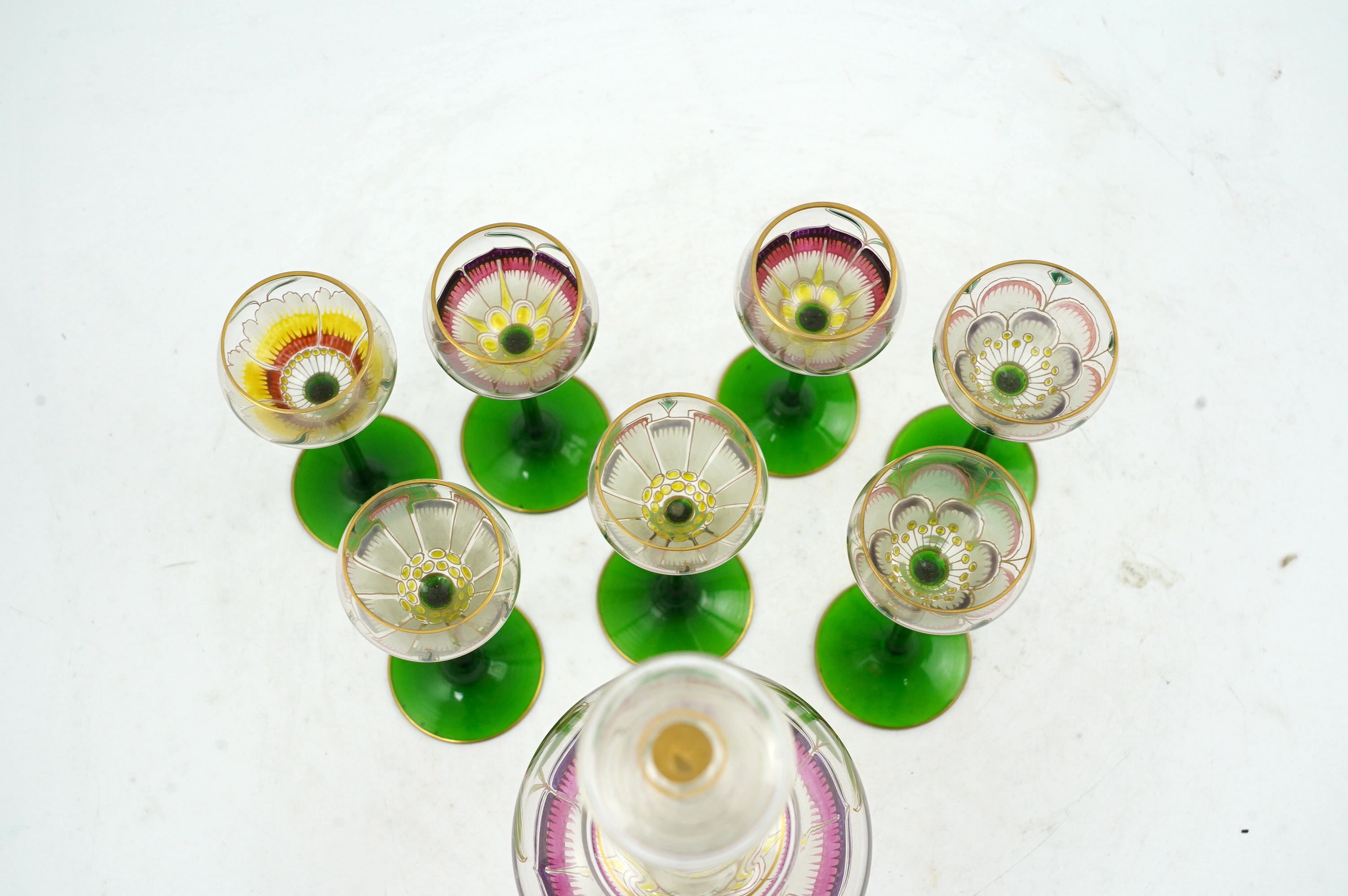 A Theresienthal Jugendstil hand-enamelled glass cordial set, c.1910